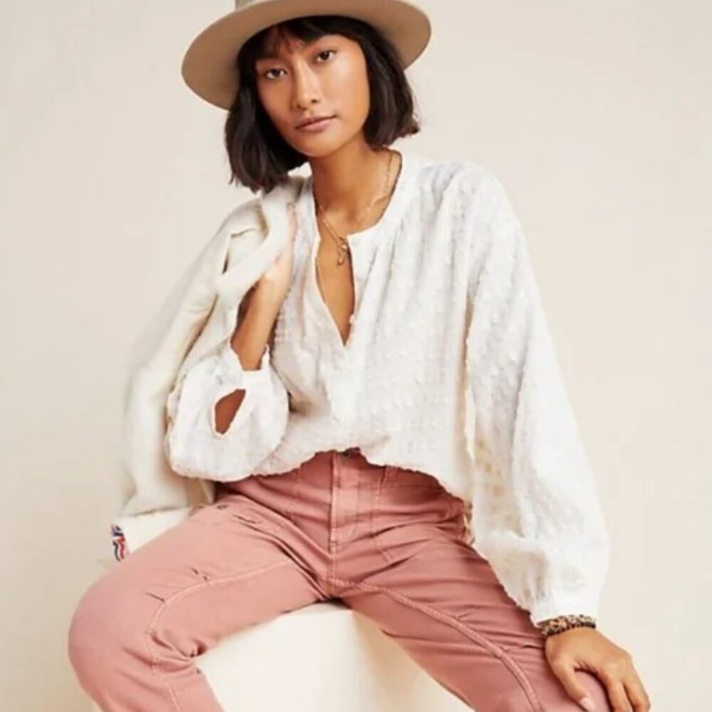 Pilcro from Anthropologie Cotton Cream Textured Button-up Blouse - Size - Large